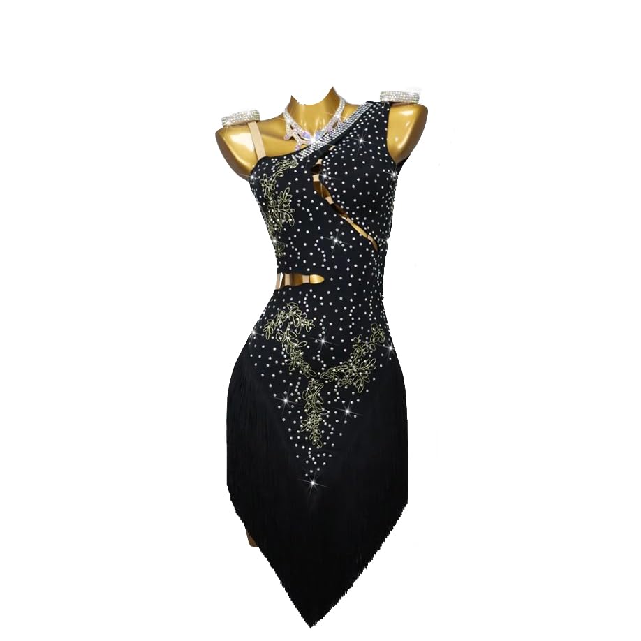 Hynyjxjy C,XL, Trajes De Baile Latinos con Flecos para Mujer para Competencia Traje De Baile De Cha Cha con Bordado Ropa De Baile Salsa Sin Tirantes Vestidos De Baile De Salón con Pedrería