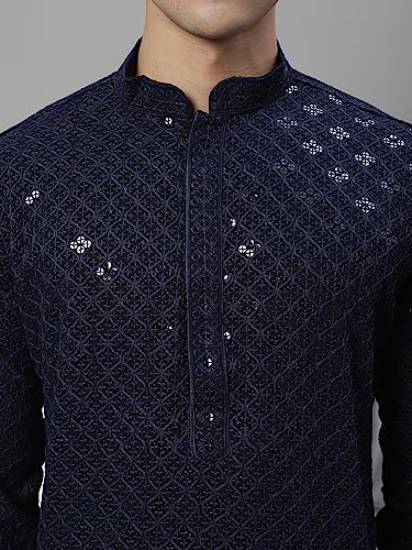 Image of Jompers Navy Navy Blue Chikankari Embroidered and Sequence Kurtas. (Navy, 3XL)