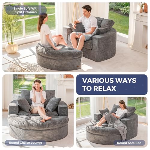 Image of MAXYOYO Modular Sectional Chaise Lounge Sofa, Round Upholstered Lounge Chair with Ottoman, Comfy Couch with Layered Cushion, Tufted Sleeper Chair for Living Room, No Assembly, Dark Grey