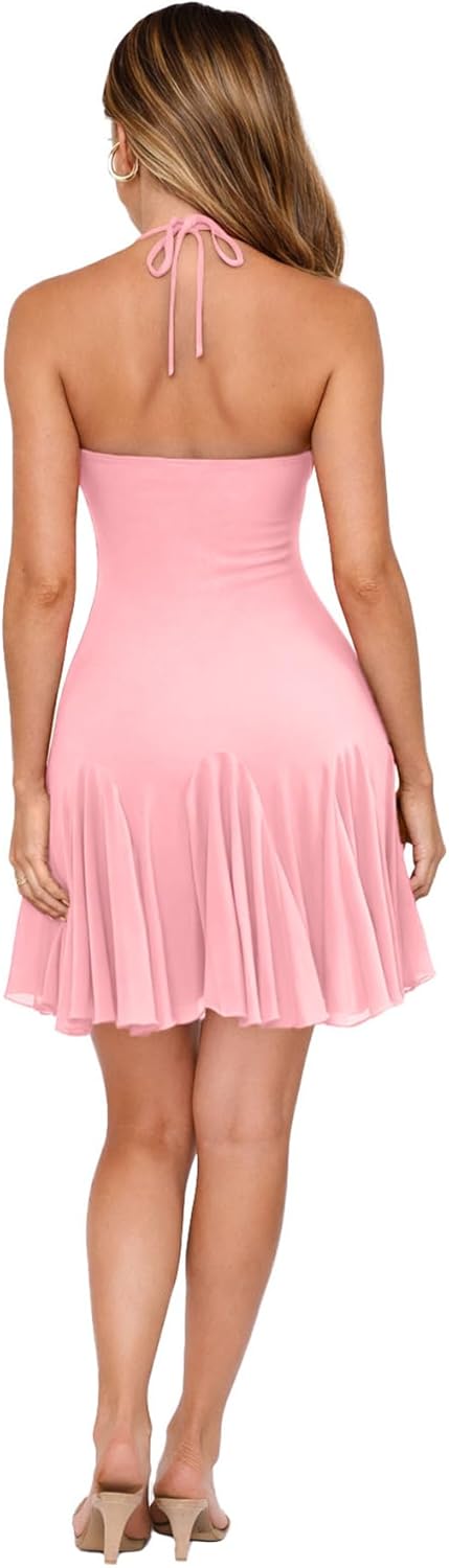 MISSJOY Women's Halter Backless Mesh Ruffle Hem Mini Dresses Homecoming Club Party Night Out Short Dresses