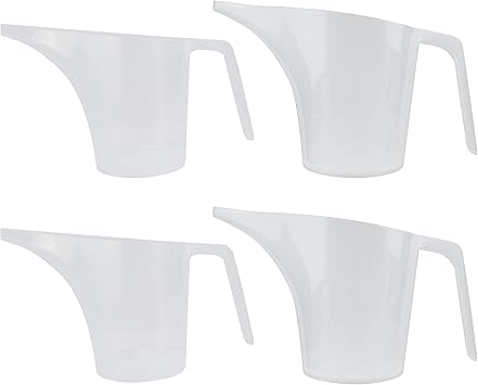 EIKS Plastic Funnel Pitcher Measuring Cup with Long Spout for Filling Muffin Pans, Baking Molds, Salt Shakers, Pancake Batter, Watering Plants 2-Pack 1000ml + 2-Pack 500ml
