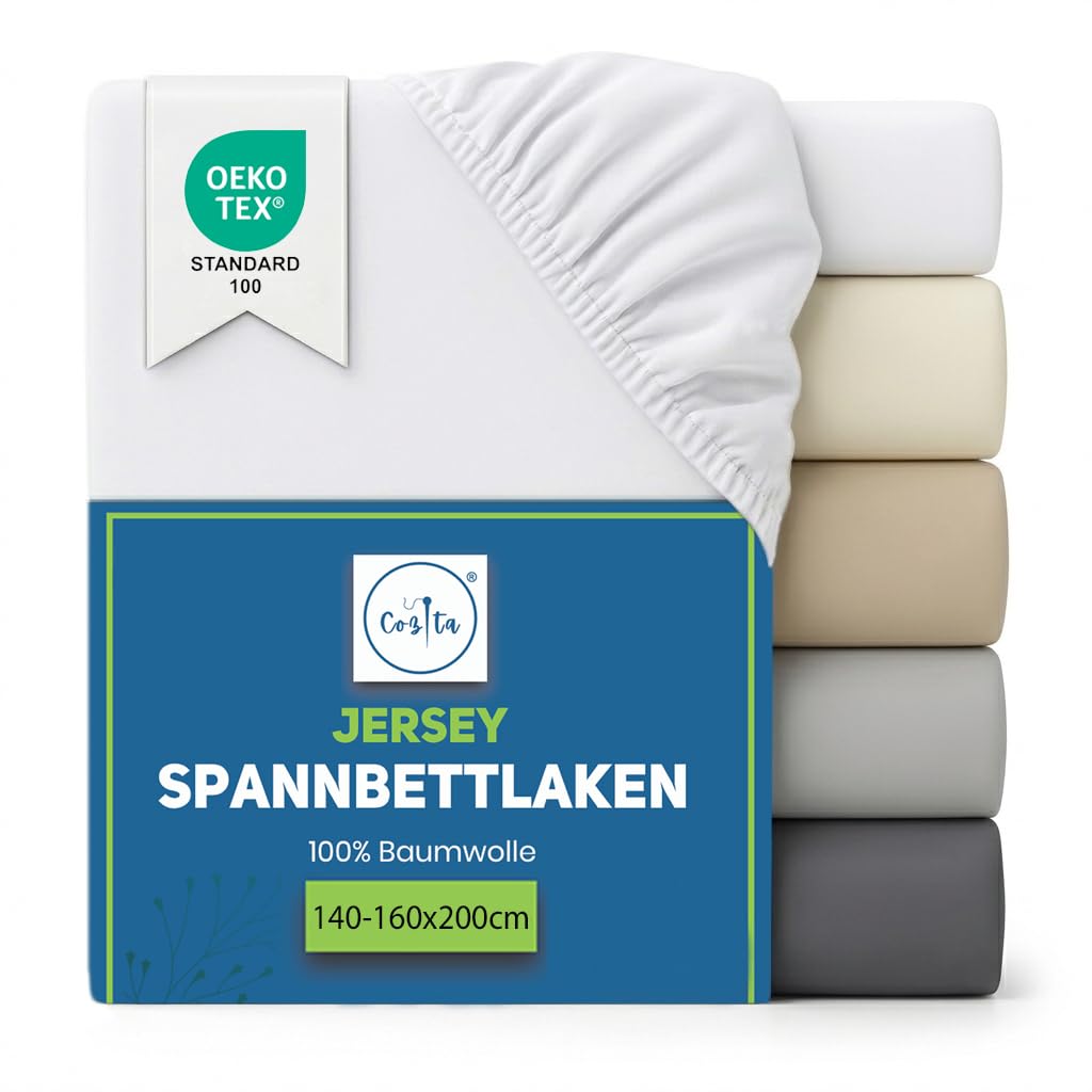 Cozita Basics Spannbettlaken 140x200cm - 100% Baumwoll Jersey Bettlaken, Öko-Tex Zertifiziert, bis 25 cm Matratzenhöhe – Weiß