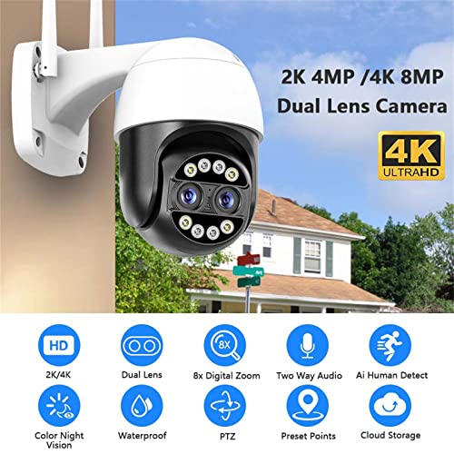 Telecamera di sicurezza per esterni con visione notturna a colori da 8 MP, risoluzione 4K, zoom 8x, visione PTZ a 360°, rilevamento del movimento, sirena e audio a 2 vie per una migliore sorveglianza