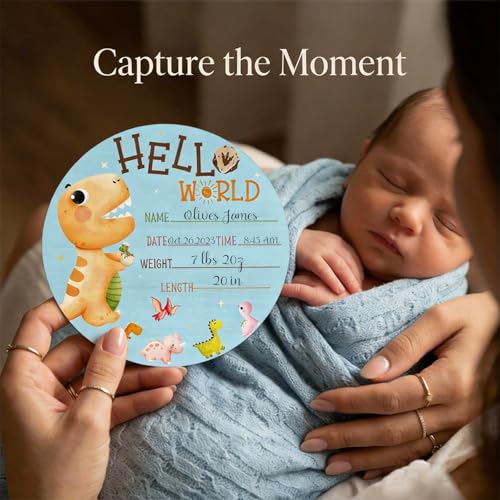 Image of Dinosaur Baby Announcement Sign, Wooden Nursery Name Decor 6in | Dinosaur Themed Wooden Name Sign for Newborn Announcement, Nursery Decor, or Baby Shower Gifts, Records Baby's Name & Stats