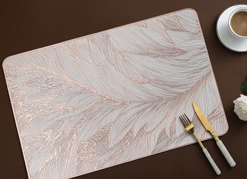Image of Yellow Weaves 1 Pc PVC Table Placemats, Dining Table Mat, Stain Resistant, Anti-Skid, Waterproof, Washable, Dining, Kitchen, Restaurant Table Set Easy to Clean, Durable (Feather Rose Gold)