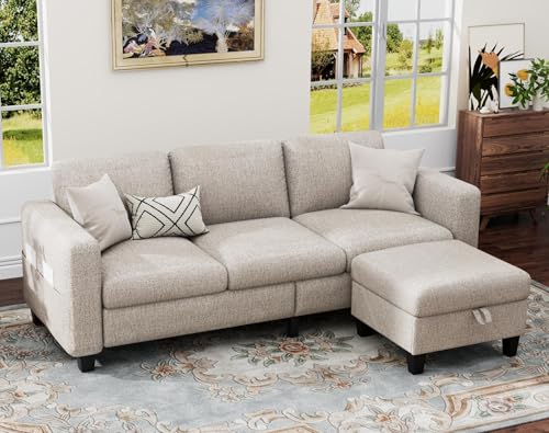 Woyomeub L-Shaped Sectional Sofa with Ottoman, Mocha Brown