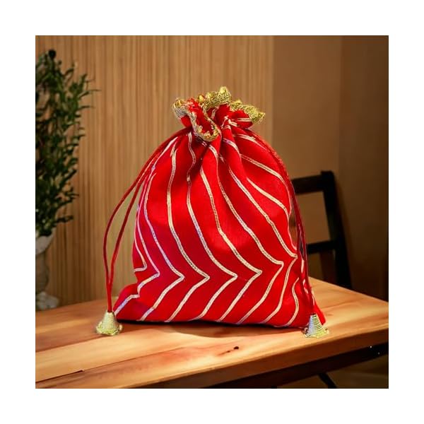 KRIWIN Pack of 5 pcs Women's Silk Drawstring Closure Leheriya Big Size Gift Potli Bags Pouches(23 X 18 cm; Red & Golden) - Image 5