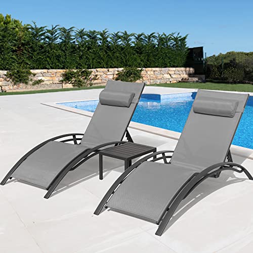 Mirsion Lounge Chair And Side Table Set Of 3, Patio Chair For Outside In Swimming Pool, Beach Chaise Lounge Outdoor Recliner With Arm (Grey) #TOP6