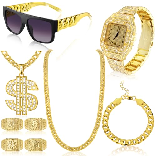 Equsion 9 Pcs Hip Hop Jewelry Set Dollar Sign Pendant Necklace Bracelet Diamond Watch Punk Sunglasses Ring for Men Halloween(Gold)