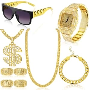 Equsion 9 Pcs Hip Hop Jewelry Set Dollar Sign Pendant Necklace Bracelet Diamond Watch Punk Sunglass Ring Jewelry Kit for Men