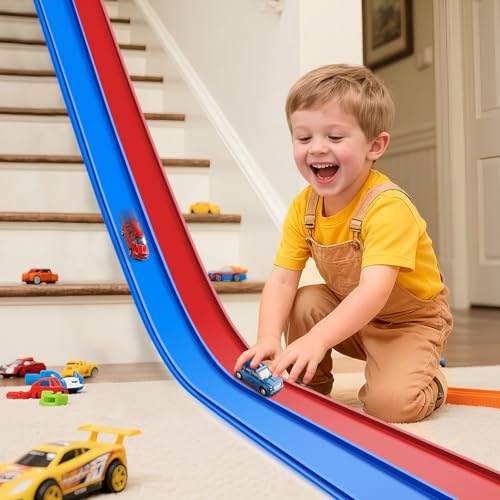 Flex Tracks 15 Ft Starter Set, Flexible Race Track for Kids 3+ with Strong Suction Cups, Flexible Car Track Race Car Ramp Track Compatible with 1/64 Diecast Cars, Portable Rolls Up Race Tracks