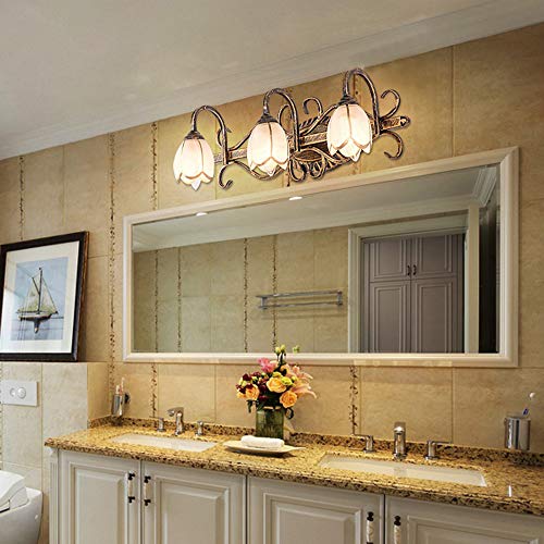 Image of LITFAD LED Wall Sconce Lighting Lotus Shade Bathroom Vanity Light Metal 3 Lights Vintage Style Rust-Proof Wall Light in Bronze for Bedroom Dresser