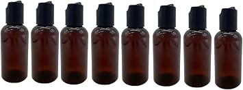 Natural Farms 2 oz Plastic Amber Boston BPA FREE - Boston Bottles - 8 Pack Empty Refillable Containers - Essential Oils - Hair - Black Smooth Disc Caps - Made in the USA