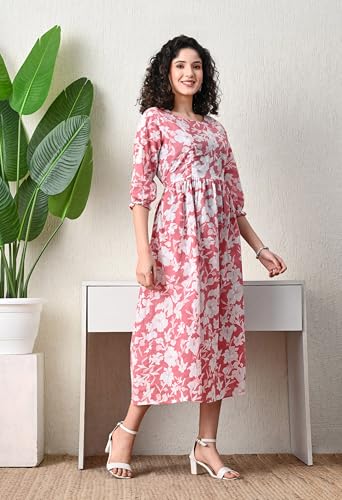 Image of Ichaa Women's Navy Blue Cotton Printed Maternity Dress with Feeding Zips and Pocket, in Plus Sizes