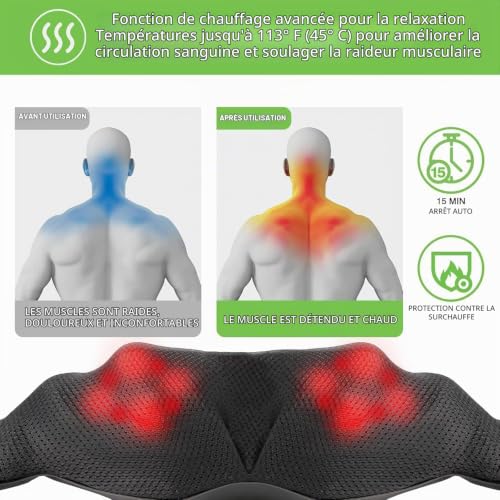 Cotsoco Masseur Cervical Sans Fil, Masseur Dos et Cervicales avec Chaleur, Massage pétrissage des tissus profonds 4D，Appareil de Massage Shiatsu Électrique ur Massager Nuque Cervicales Epaule, Noir – vue 6