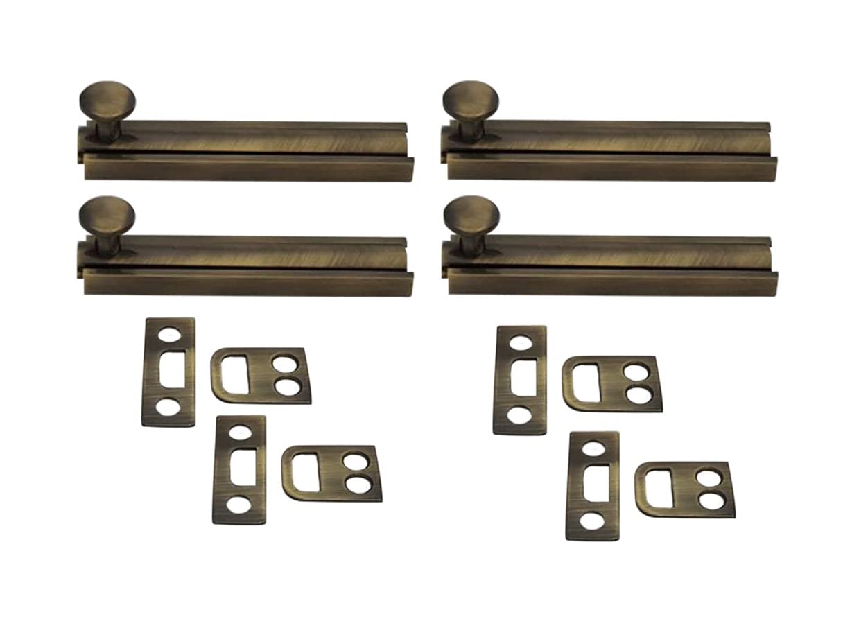 QCAA Solid Brass Surface Bolt, 4", Brushed Antique Brass, Made in Taiwan, 4 Pack