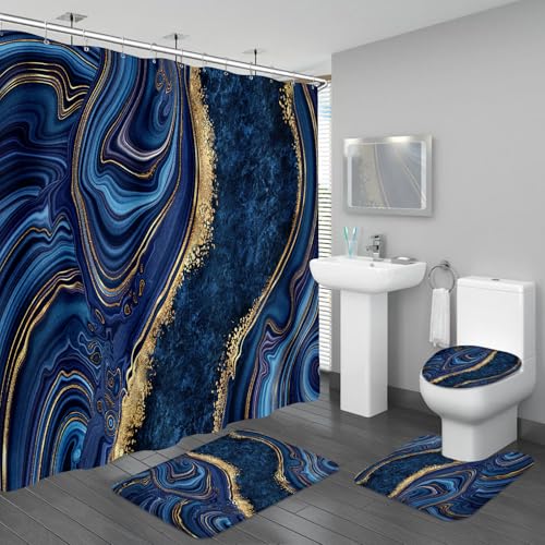 BayNook 4PCS Navy Blue Gold Marble Shower Curtain Sets with