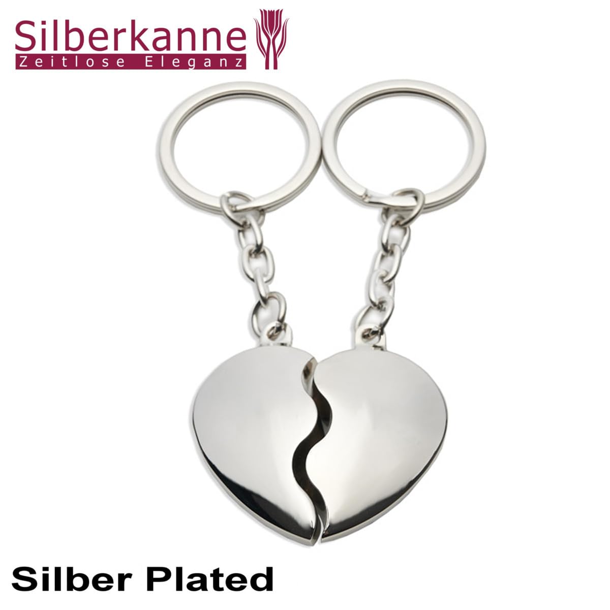 Llavero con forma de corazón dividido, 2 piezas, plata premium, chapado en plata, listo para regalar con elegante paquete de regalo, plata, 10,5 cm