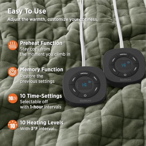 Image of Bedsure Luxury Quilted Heated Blanket King, Thick Electric Blanket, Green