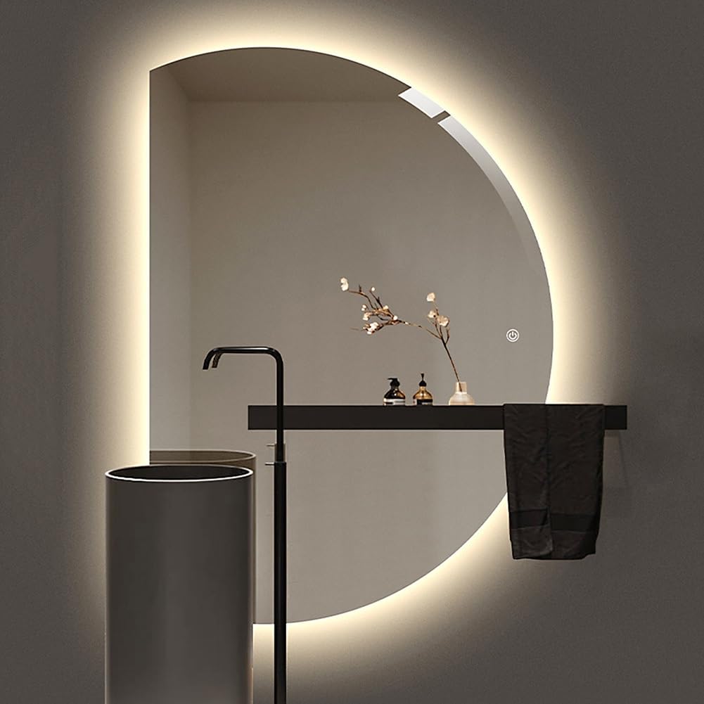 WQZzjm Illuminated SemiCircle Wall Mirror with Touch Switch, Smart AntiFog Bathroom Mirror, 3 Color Options, 51in/130cm for Home Decor (Right Semicircle 43in/110cm)