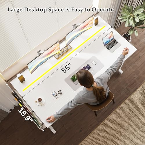 Image of DurayLoly 55 Inch White Computer Desk with LED Lights, Office Desk with Storage Bag for Home Office, Gaming Desk with Headphone Hook for Study Writing Work Desk,Sturdy Metal Frame