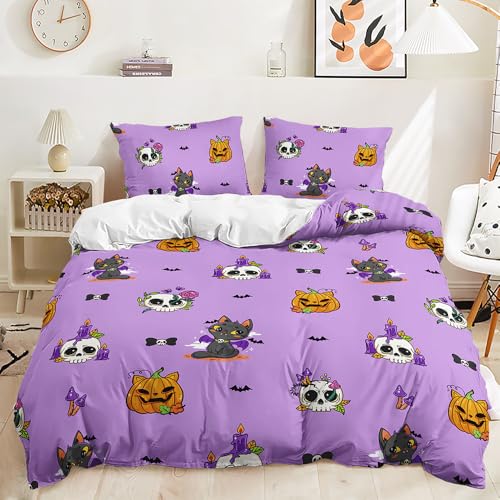 Lunoroey Girls Halloween Bedding Duvet Cover Set Double Size Purple Skull Pumpkin Cat Print Quilt Cover Set Halloween Decorationgs Kids Girls