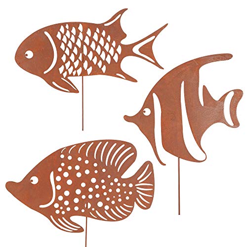 UNUS Lot de 3 grands poissons décoratifs de jardin en métal patiné pour jardin, terrasse ou balcon