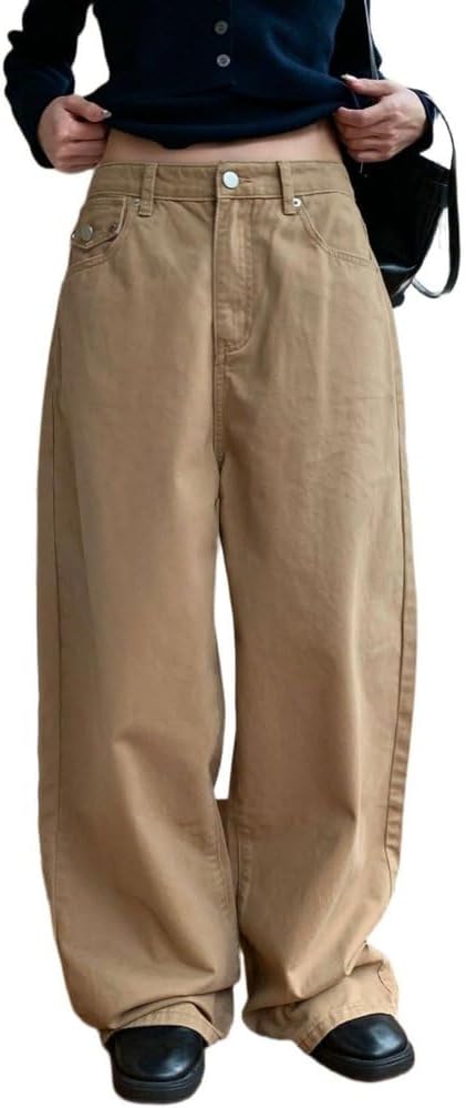 [MDHEWSH] 女性用リベット装飾ポケット付きハイウエストジーンズ Y2K ヴィンテージ トレンディ ワイドレッグ バギーパンツ