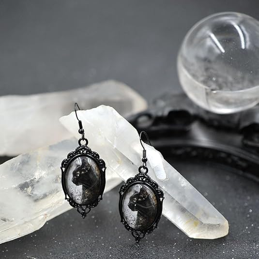 Goth Black Cat Cameo Earrings - Vintage Gothic Black Cat Drop Dangle Earrings - Halloween Witch Costume Accessories Women Jewelry Gift for Women2