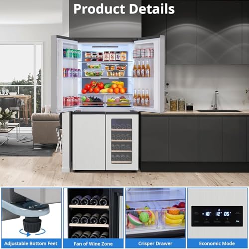 21 Cu. Ft French Door Counter Depth Stainless Steel Refrigerators with 4 Doors, Bottom Freezer, Interior Led Light, and Wine Cooler – Perfect for Kitchen, Office