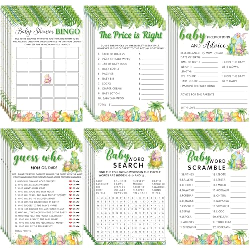 Image of Jetec 302 Pcs Cute Dinosaur Theme Baby Shower Games, 6 Games, 50 Sheets Each, Shower, Word Scramble, Baby Word Search, Predictions and Advice, The Price is Right