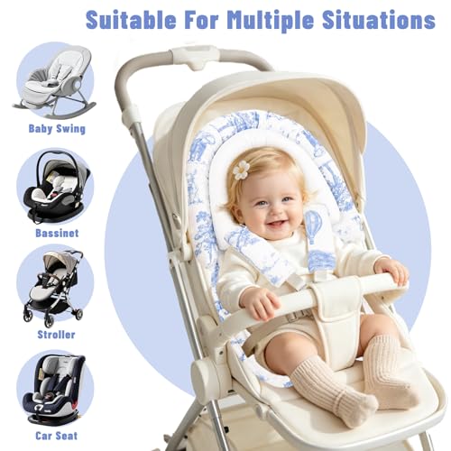 Image of Baby Car Seat Head Support with Extra Headrest, 2-in-1 Babybody Supports with Shoulder Pads Set for Newborn, Adjustable Infant Car Seat Insert Compatible with Stroller, Baby Swing (Blue Animal)