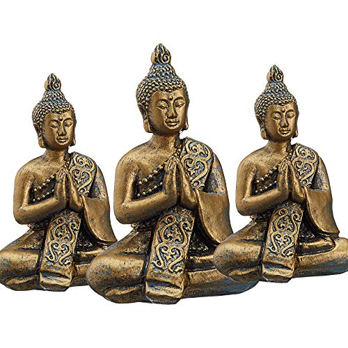 Cepewa Buddha Gold sitzend 3er Set Skulptur Statue Gartenfigur Feng Shui zur Gartendekoration (1 x 3er Set Buddha 10 cm)