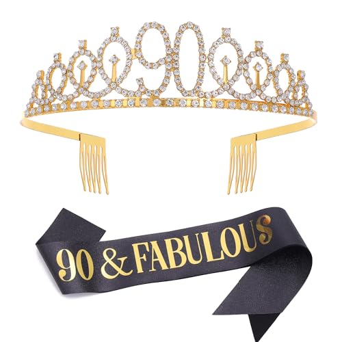 Nero oro fascia e strass tiara set regalo di compleanno per donne compleanno fascia tiara tiara per donne compleanno festa decorazione, Large, Morbido tessuto glitterato, lega metallica, cristalli e