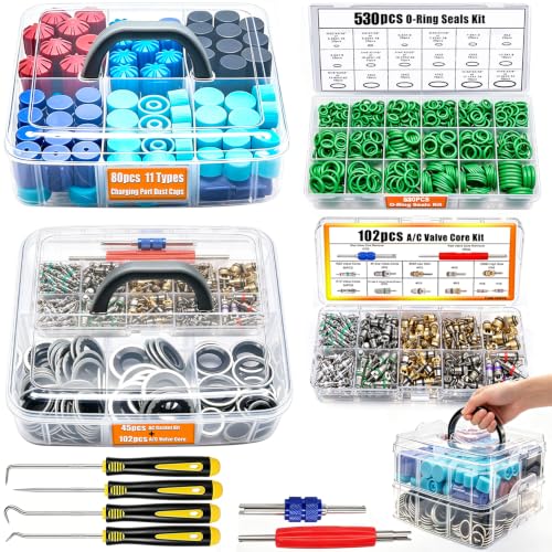 Image of Taiss 5 Set Car A /C Repair Kits,102PCS A /C Valve Core Kit+270pcs AC O-Ring Seals Kit+80pcs Valve Core Caps+45pcs A /C Compressor Seal Washers Kit+4PCS Remove Tool (501PCS)