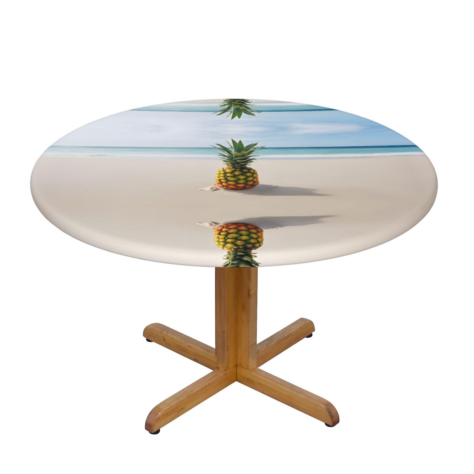 ESNAIUVCD Pineapple by The Sea print Waterproof Round Tablecloth,Outdoor Table Cloth with Elastic Edged, Elastic Tablecloth Wipeable, Garden Table Cloth Suitable for sizes 90cm-140cm