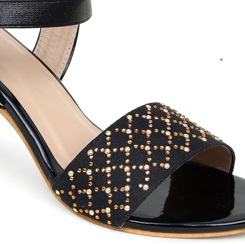 Image of Action Crystal-Embellished Slide Sandals| Block Heel| Water-Resis Tant| Textured EVA Sole Black