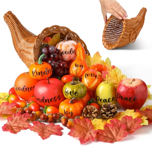 RimCereal 76 Pcs Thanksgiving Fall Cornucopia Basket Set Fall Table Centerpiece Large Thanksgiving Autumn Cornucopia Horn of Plenty Harvest Table Decorations with Pumpkin Fruit Inspirational Sticker