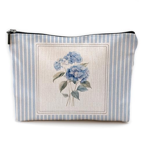 Yomisex Blue Stripe Hydrangea Gifts Floral Makeup Bag, Flower Cosmetic Bags Toiletry Bag for Women, Hydrangea Gifts Makeup Pouch