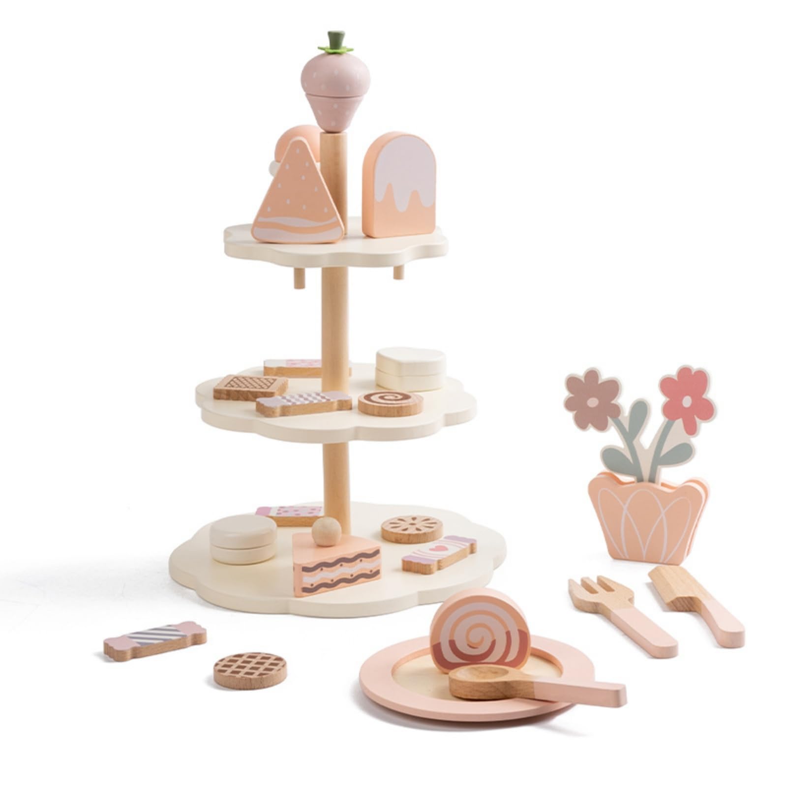 Perfeclan Children Play Kitchen Juego de Té Infantil Juguete de Madera Set de Dulces Soporte de Pasteles Helados Lollipops con Madera Lisa Adecuado para de Té Juego Simbólico Cocinas de Juego