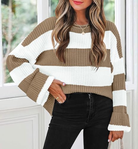 Image of ZESICA Women's 2025 Fall Long Sleeve Oversized Striped Color Block Comfy Loose Crew Neck Knitted Pullover Sweater