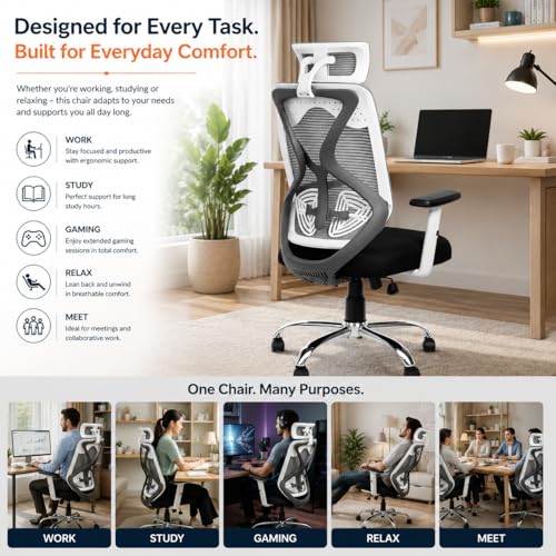 Image of HIGHLIVING Ergonomic Office Chair with Adjustable Headrest & Lumbar Support | Synchro Tilt 135 | Breathable Mesh Back | Height Adjustable Armrest | Class 4 Gas Lift | Heavy Duty Metal Base