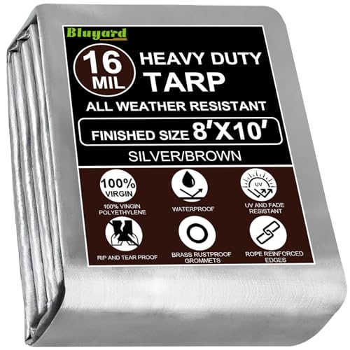 Bluyard Heavy Duty Tarp - 8x10 Ft, 16 Mil Thick, UV & Fade Resistant, Tear Resistant Plastic with Brass Grommets and Reinforced Edges, Perfect for Outdoor Camping, Roof, Pool, Tent