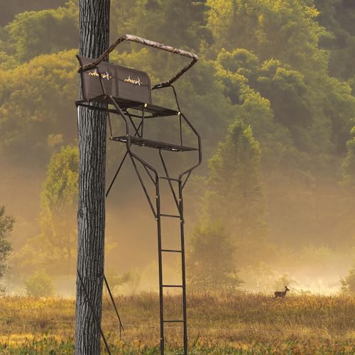 Image of MUDDY Double Droptine Deer Hunting Ladderstand, 2 Person Climbing Tree Stand with Flex-Tek Seat and Padded Adjustable Shooting Rail
