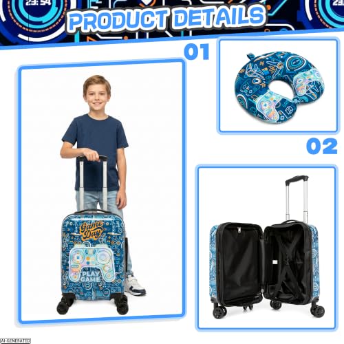 Image of Kids Luggage Set Carry On Suitcase with U shaped Pillow Rolling Toddler Suitcase for Boys Travel Set Hardside Luggage with Spinner Wheels Airline Approved, Game Controller Pattern