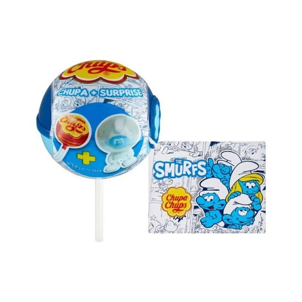 Confezione Per Chupa Chups Smurfs Lecca Lecca con Sorpresa, Gusto Fragola, 12 Sorprese "Smurfs", "Puffi" da Collezionare e Scambiare con i tuoi Amici, Lecca Lecca Monoporzioni,12g x 16 Pezzi
