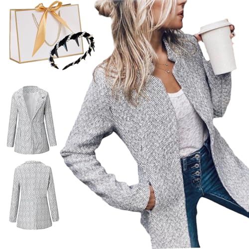 Upliftjoys 2025 New Woolen Street Style Plaid Slim Fit Jacket, Women's Solid Color Pocket Long Sleeve Open Front Coat