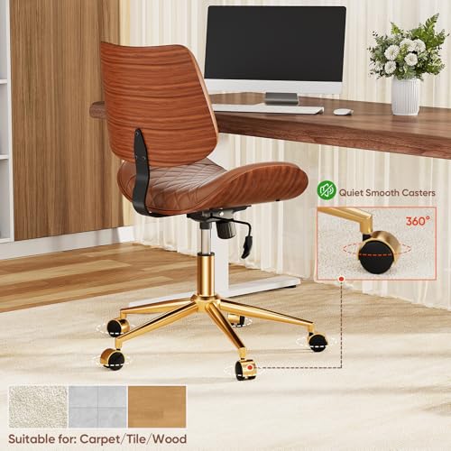 Image of Home Office Desk Chair with Swivel Wheels, Mid-Century Modern PU Leather Armless Office Chair, Small Mid Back Computer Chair for Home Office, Meeting Room