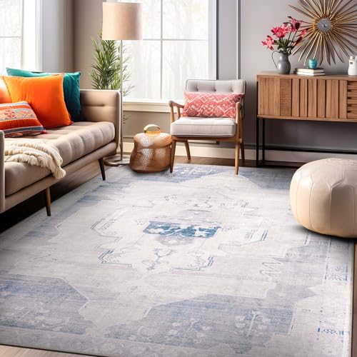 Rugshop Vintage Medallion Machine Washable Non Slip Area Rug Ideal for Living Room, Bedroom,Kitchen,Entryway,Dining Room,Office 7'7" x 9'6" Blue/Cream