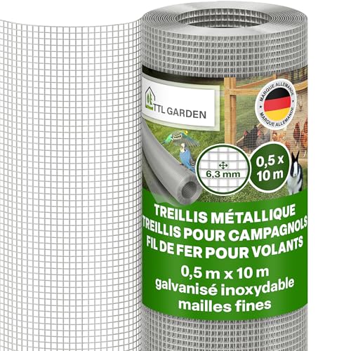 TTL GARDEN 50 cm x 10 m de grillage à mailles fines, galvanisé sans rouille, maille de 6,3 mm, épaisseur de fil de 0,55 mm - sur rouleau, grillage...